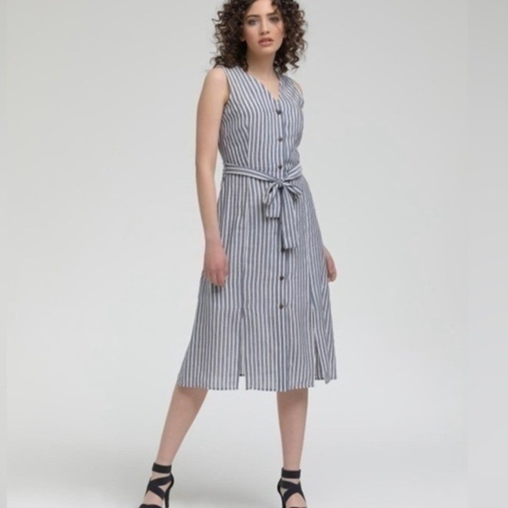 Monteau Striped Button Front Midi Shirt Dress Women S Navy White Office Chic New
